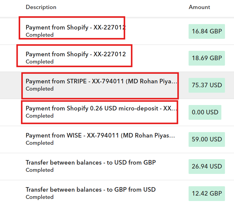 Transaction list with various payments and transfers on a balance screen