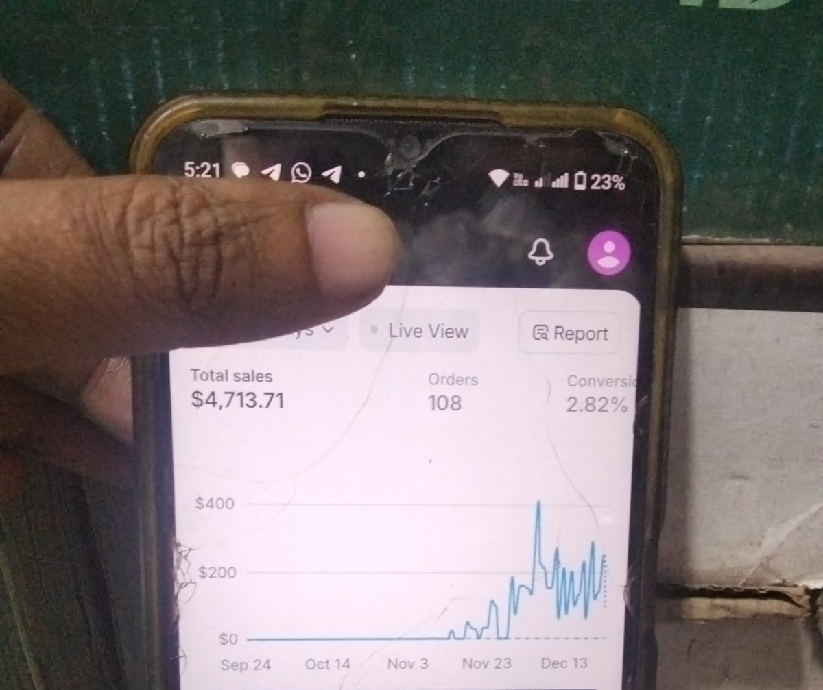 Phone screen displaying a Shopify app with sales data, held by a person.
